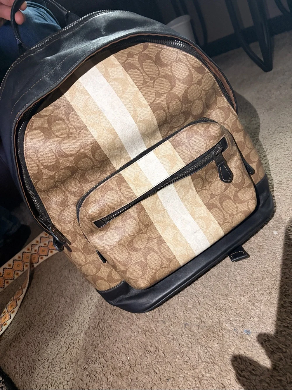 Coach Tan Signature Canvas Backpack with White Racing Stripe